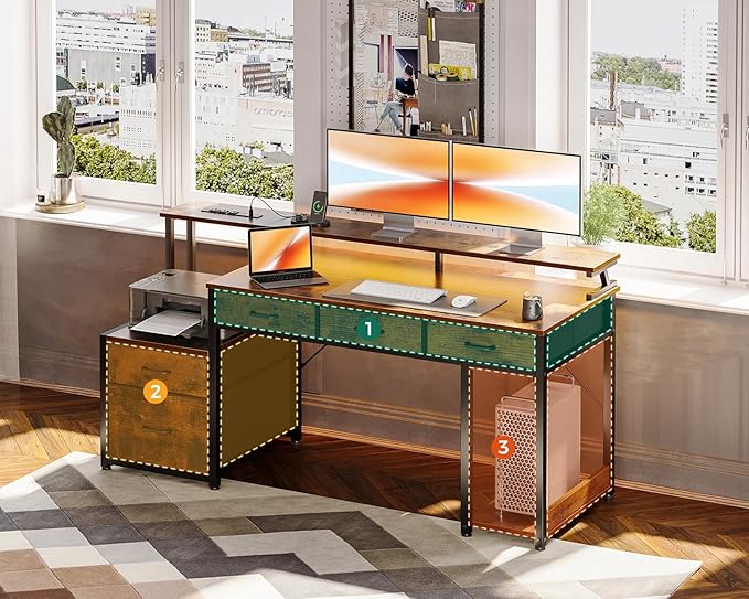 AODK 55 Inch Computer Desk with 3 Drawers and File Cabinet for Storage, Office Desk with Monitor Stand and LED Lights, Home Office Desks, Vintage