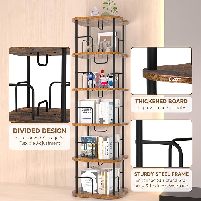 5-Tier Rotating Book Shelf, 360° Display Spinning Bookshelf Tower, Book Organizer, Floor Standing Bookcases for Small Space, Corner Book Shelf for Bedroom, Living Room, Study Room (RUSTIC BROWN)