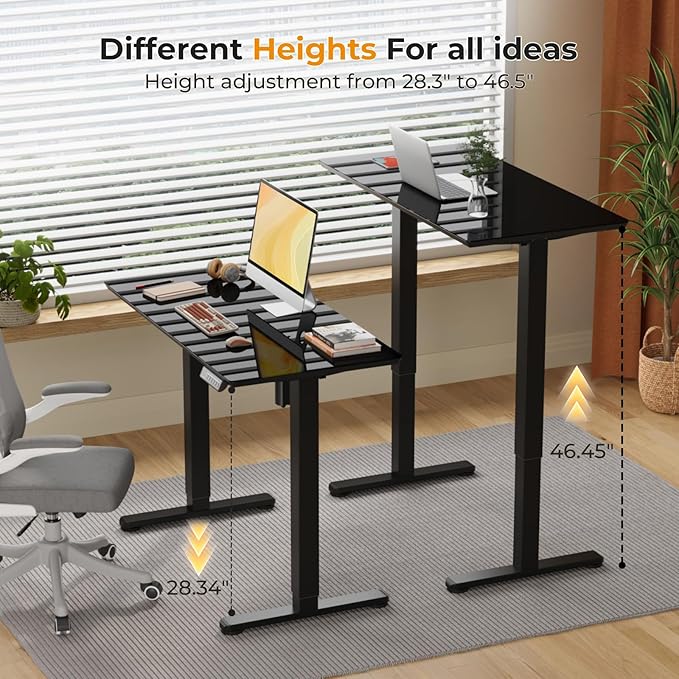 JOY worker Small Electric Standing Desk, 40" x 20" Whole Glass Piece Height Adjustable Desk with Memory Controller, Sit to Stand Desk Workstation for Home Office, Black