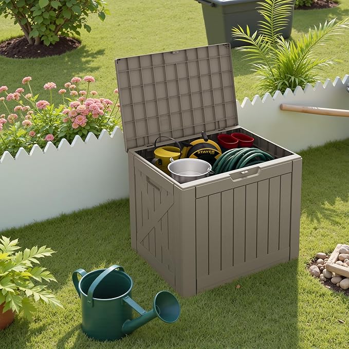 Greesum 40 Gallon Outdoor Deck Box, Resin Storage for Patio Furniture, Garden Tools, Pool Supplies, Weatherproof and UV Resistant, Lockable, Light Coffee