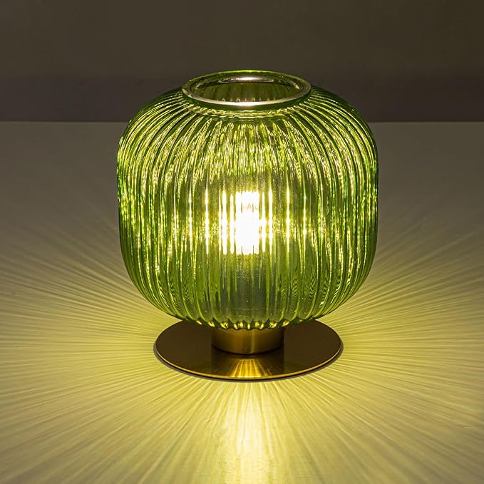 Glass Globe Table Lamp, Mid Century Modern Green Table Lamp, Vintage Gold