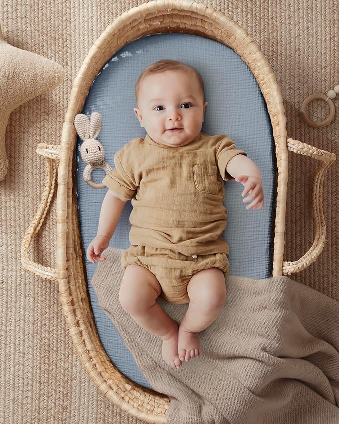 Blissful Diary Muslin Bassinet Sheets for Baby Girls Boys, Boho Soft Cotton Fitted for Oval Hourglass Rectangle Mattress, 2 Pack(Light Blue&Grey)