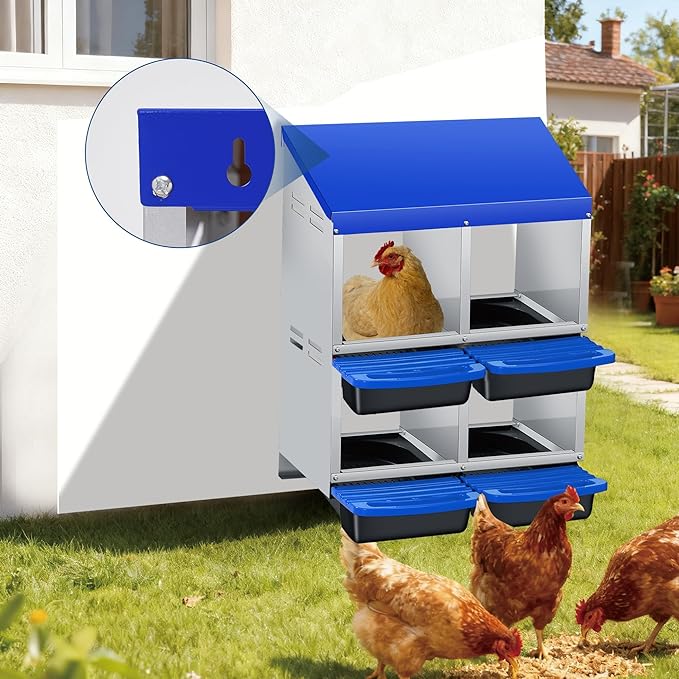 4-Hole Chicken Nesting Boxes for Farm,Corrosion-Resistant Metal Nesting Boxes with Egg Collection Tray,Wall Mount/Freestanding Poultry Laying Boxes for Chicken Coops and Hens,Blue