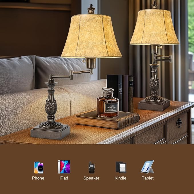 23.5" Rustic Traditional 350° Adjustable Swing Arm Table Lamp Set of 2