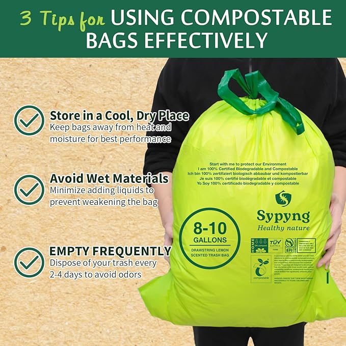Compostable Kitchen Trash Bags 8-10 Gallon (50-Pack) – Heavy-Duty, 1.1 Mil Thick, 100% Biodegradable Bag for Medium to Large Bins. ASTM D6400, BPI & OK Compost HOME Certified Eco-friendly & Recyclable
