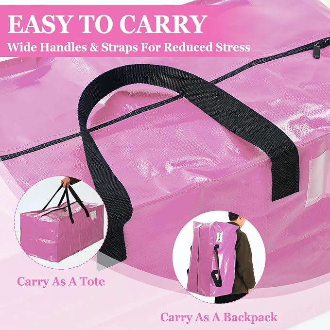4 Pcs 24 Gallon Large Moving Bags with Zipper and Handles Foldable Storage Duffle Bags Heavy Duty Extra Large Totes for College Dorm Travel Clothes Blankets Bedding Moving (Pink)