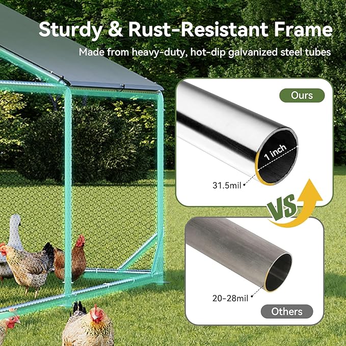 Aoxun Metal Chicken Coop, Outdoor Chicken Runs for Yard with Cover, Spire Roof Hen House Enclosure with Security Lock, Walk-in Cage Peak Hen House for Yard Farm (10x6.5x6.4 FT)