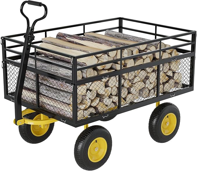 3-in-1 Heavy-Duty Steel Garden Cart, 1400 Lbs Garden Wagon, with 13 Inch All-Terrain Tires and Removable Mesh Side Panels, 180° Rotating Handle, Metal Utility Yard Trailer, Outdoor Gardens Wagon Cart