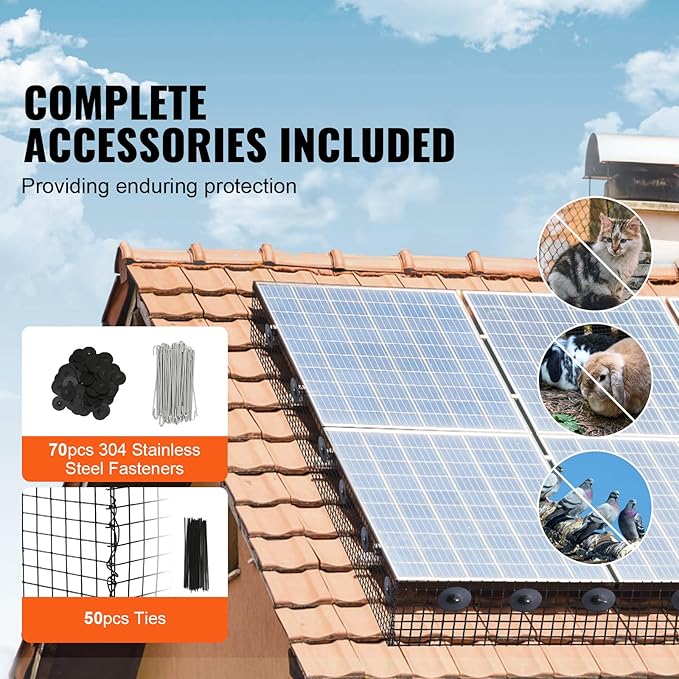 VEVOR 8 inch x 100ft Solar Panel Bird Guard, Critter Guard Roll Kit with 70pcs Durable Metal Fasteners, Solar Panel Guard with Rust-Proof PVC Coating, 1/2 inch Wire Roll Mesh