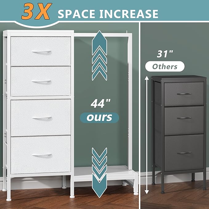 Dresser with Hanging Rack, 4 Drawers Small Closet for Bedroom, Reversible Fabric Kids Chest of Drawers with Clothes Rack, Tall Storage Tower, Sturdy Frame, White, 44''H