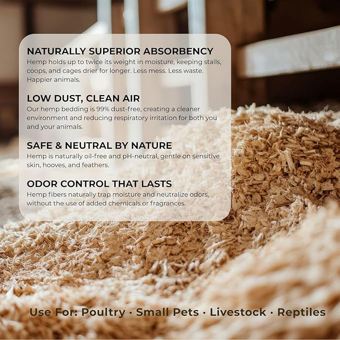 Premium Hemp Animal Bedding for Chickens, Livestock & Small Animals | Highly Absorbent, Low Dust, Natural Odor Control | Coop, Stall & Nesting Bedding | USA Grown Hemp (40lb)