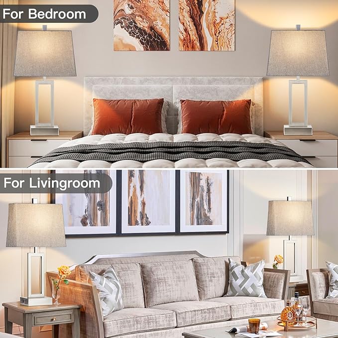 Touch Control Table Lamps Set of 2, Modern Silver Bedside Lamps