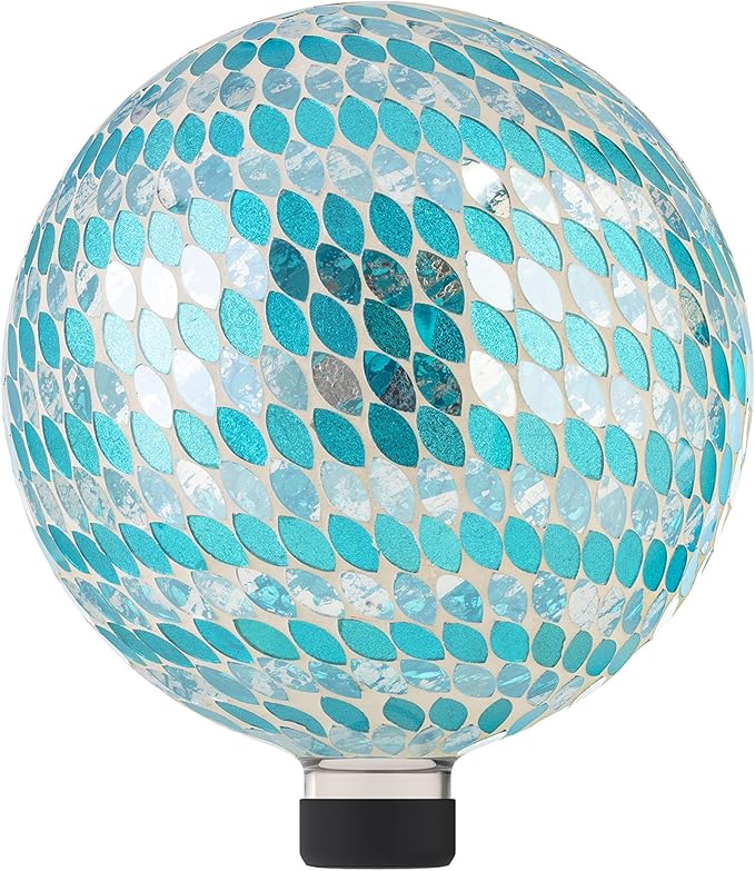 Alpine Corporation 10" Diameter Indoor/Outdoor Glass Mosaic Gazing Globe Yard Decoration, Blue Mosaic Petals Design