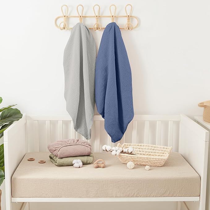 Bearmoss Muslin Crib Sheets 100% Cotton Baby Crib Sheets Fitted for Standard Crib Mattress & Toddler Bed Mattress 52"x28" Soft Breathable Crib Sheet Neutral for Boys Girls - 2 Pack (Blue Elephant)