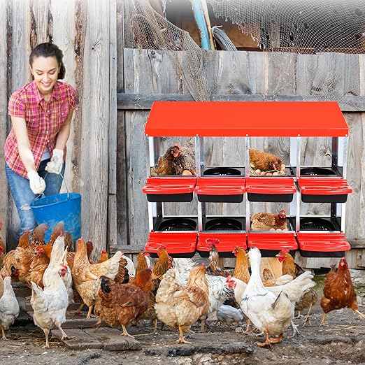 Garvee Chicken Nesting Boxes, 8 Hole Metal Chicken Laying Box with Removable Trays for Chicken Coop, Red