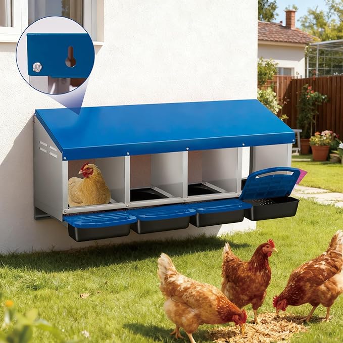 Chicken Nesting Boxes with Rollout Egg Collection – 4-Compartment Metal Hen Nest Box with Removable Trays, Slanted Roof & Ventilation, Wall Mount or Standing for Backyard Poultry Coop, Blue