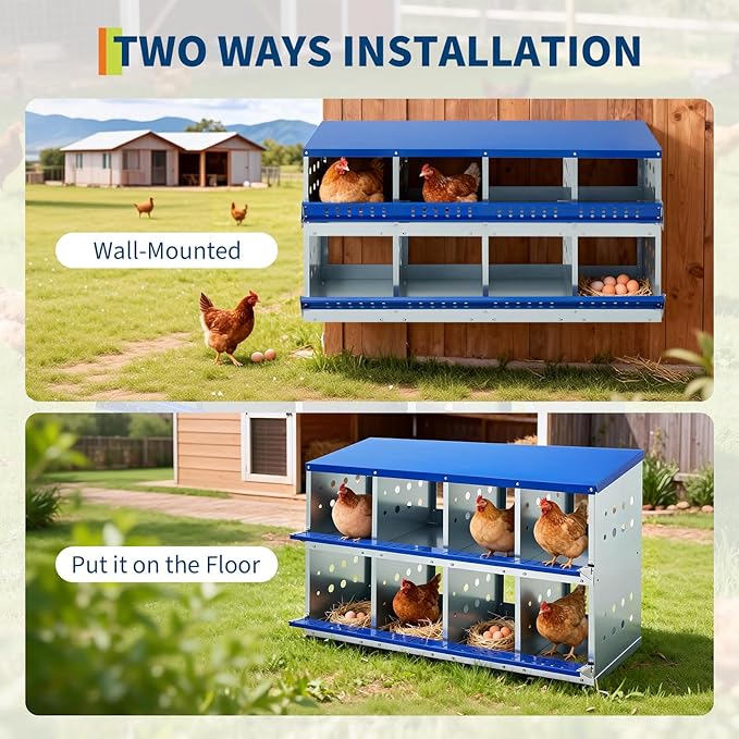 Heavy Duty Galvanized Steel Chicken Nesting Box – 8 Compartments, Wall Mounted/Floor, Ventilated, Resting Platform, Easy Clean, Rollaway Egg Collection, Blue, 128×48×71cm, Without Cover