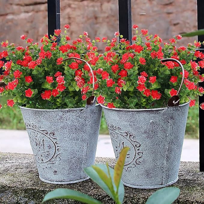 Outdoor Artificial Plant UV Resistant Fake Stems Plants, Faux Plastic Greenery for Indoor Outside Hanging Plants Garden Porch Window Box Home Wedding Farmhouse Outdoor Decorations for Patio (Red)