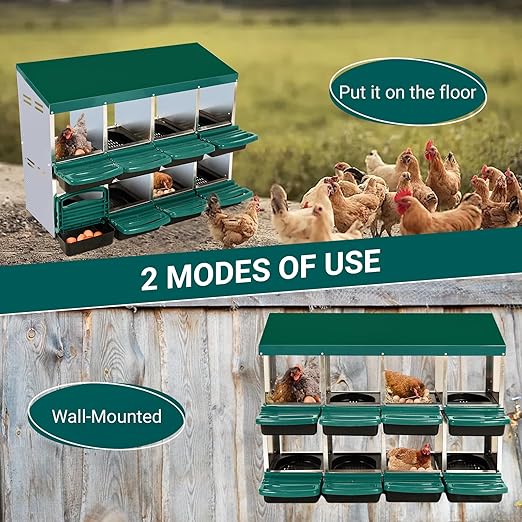 Garvee Chicken Nesting Boxes, 8 Hole Metal Chicken Laying Box with Removable Trays and Roll Out Egg Collection for Chicken Coop, Green