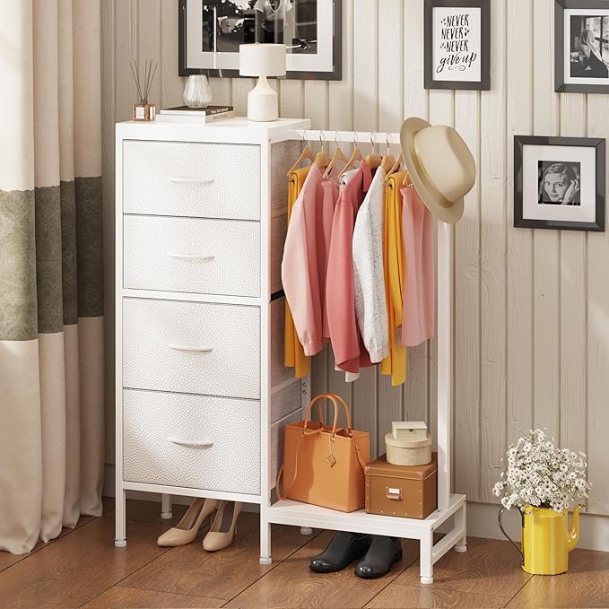 Dresser with Hanging Rack, 4 Drawers Small Closet for Bedroom, Reversible Fabric Kids Chest of Drawers with Clothes Rack, Tall Storage Tower, Sturdy Frame, White, 44''H