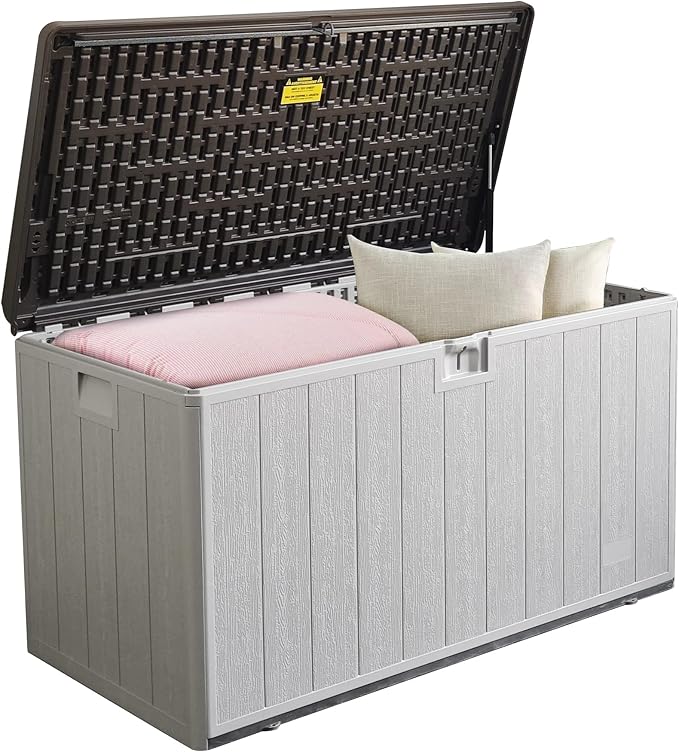 110 Pro Gallon Resin Deck Box, Waterproof Outdoor Storage Bin for Patio, Poolside, and Garden, Lockable & UV-Resistant, Ideal for Small Spaces, Coffee