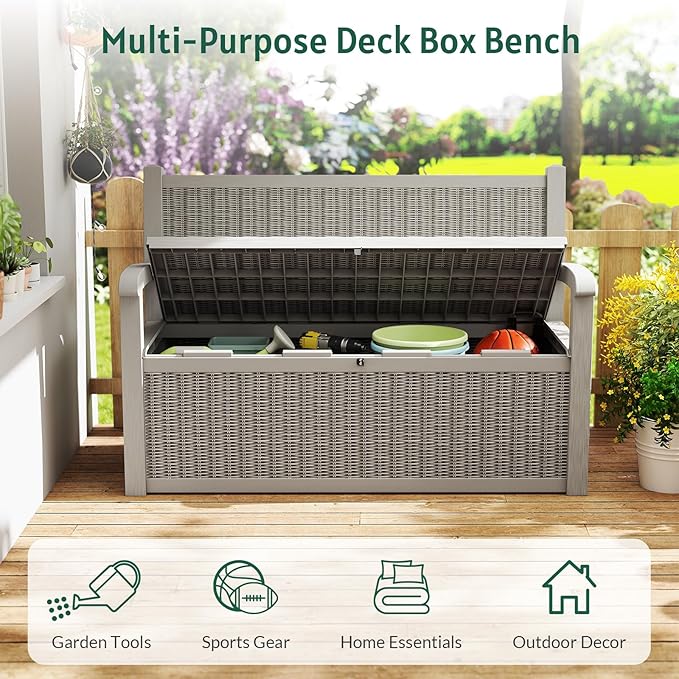 70 Gallon Storage Bench Deck Box,Patio Storage Benches with Armrest, Lockable Bench Outside, Waterproof for Pool Patio Garden (Grey)
