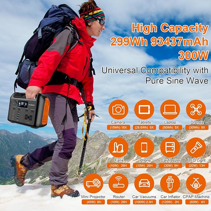 Portable Power Station, 299Wh LiFePO4 Backup Battery 300W Pure Sine Wave AC (600W Peak) Car Outlets PD 60W QC3.0 Solar Generator Power Bank for Camping, Emergency, CPAP