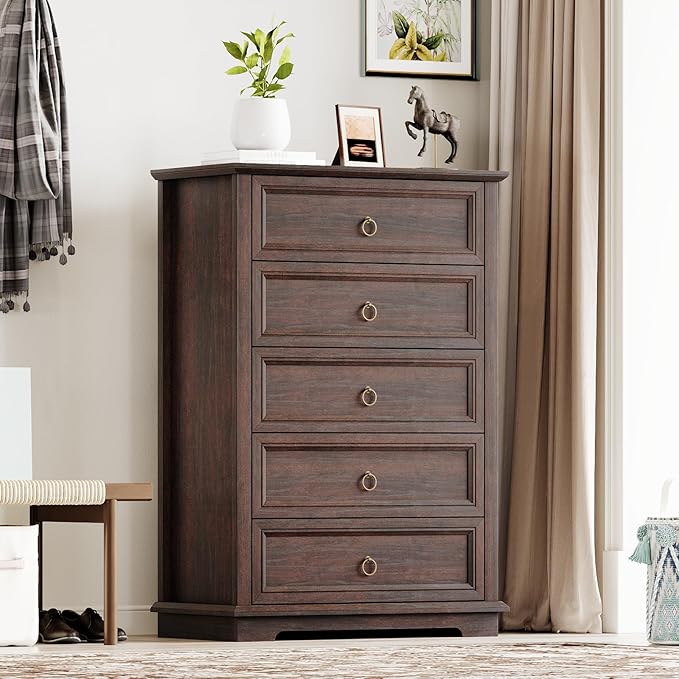 5 Drawer Dresser, Chest of Drawers with Double Anti-Tip, Modern Tall Dresser Organizer for Bedroom, Living Room & Hallway – Easy Assembly Storage Cabinet, Espresso