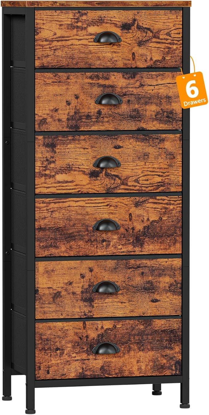 Furnulem Tall Dresser with 6 Drawers,Vertical End Table and Nightstand for Bedroom,Industrial Dorm Bedside Furniture with Fabric Storage Drawer Organizer in Living Room,Closet,Entryway(Rustic Brown)