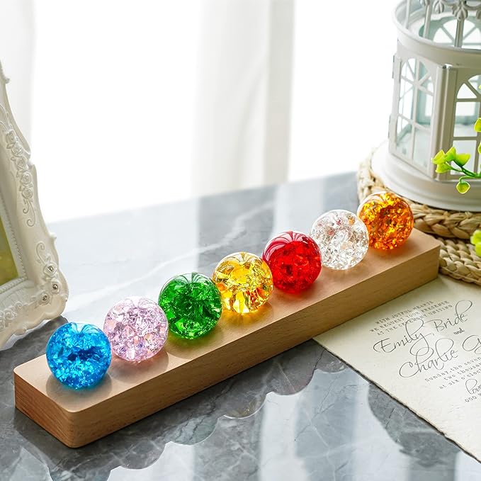 7 Colors 40mm Ice Cracked Balls Crystal Chakra Balls with LED Wooden Base Glass Healing Sphere Balls with Stand Night Light Decoration Quartz for Home Living Room