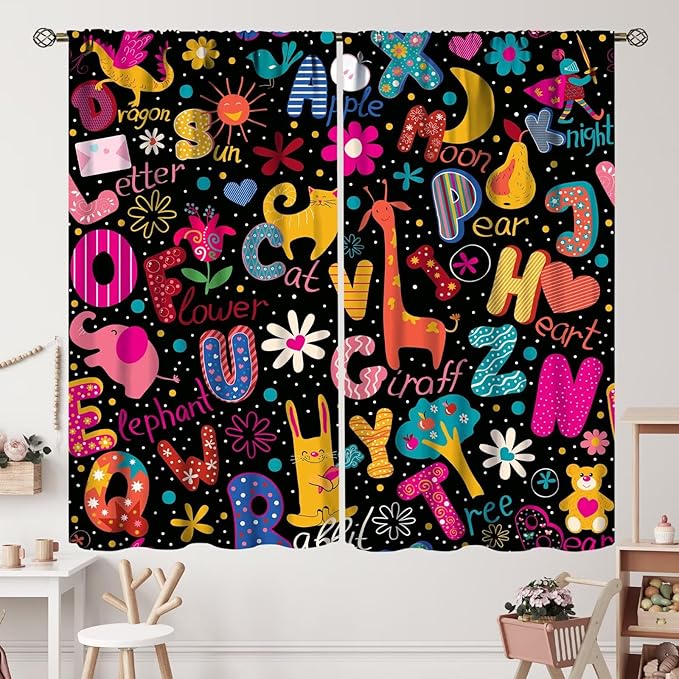 Cartoon Alphabet Curtains Funny Education Animal Giraffe Curtain with Rod Pocket for Bedroom Living Room Home Decor Drapes Thermal Insulated Window Treatments 2 Panels Set 84" W X 84" L