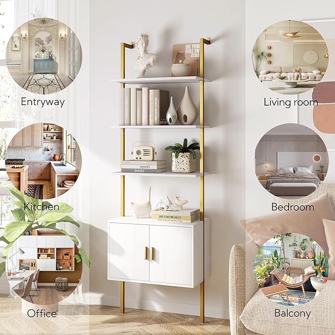Yusong 73" Tall Bookshelf with Cabinet, Industrial Ladder Wall Mount Shelf Bookcase with Wood and Metal Frame, Plant Shelf Wall Storage Display for Living Room Bedroom, White Gold