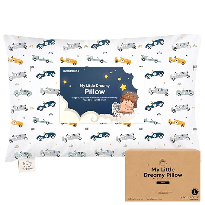 KeaBabies Toddler Pillow with Pillowcase, Jumbo 14X20 - Soft Organic Cotton Toddler Pillows for Sleeping - Machine Washable - Perfect for Travel, Toddler Bed Set (Racecars)