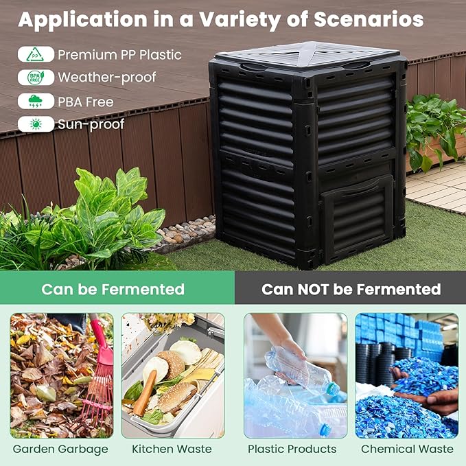 Compost Bin Outdoor, 80 Gallon Garden Compost Bin with Top Lid & Bottom Door, Aerating Outdoor Compost Box Waste Container Barrel Fertilizer for Garden & Yard (Black)