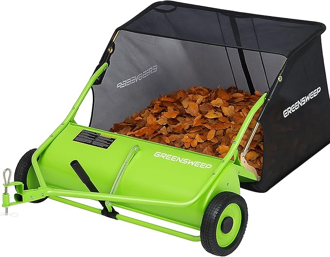 Pickup Tow 42-Inch Lawn Sweeper – Tow-Behind Leaf Collector for Ride-On Mowers – Adjustable Brush Height – Large Grass Catcher Hopper – Garden Debris Sweeper Attachment