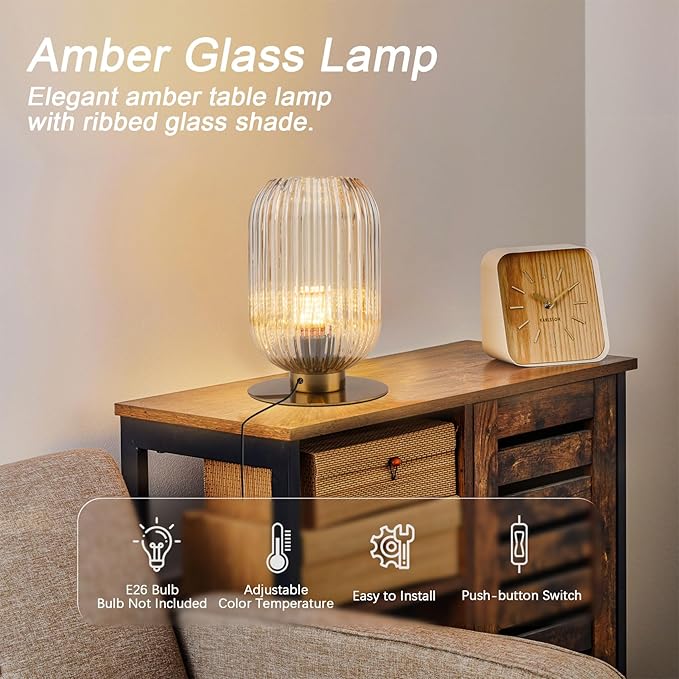Small Table Lamp, Mid Century Modern Bedside Table Lamp, Amber Ribbed Glass