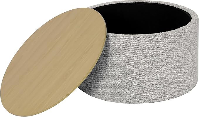 HomePop Modern Fabric Storage Ottoman with Wood Top -White Cream Boucle with Gray Yarn