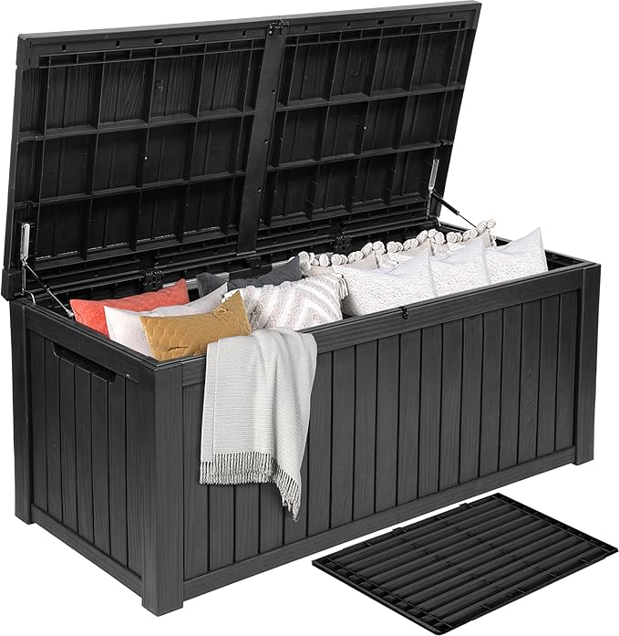 DWVO 150 Gallon XL Deck Box with Divider & Lockable Lid, Waterproof Resin Outdoor Storage for Patio, Garden, Poolside, Cushions, Supplies & Sports Gear, Black