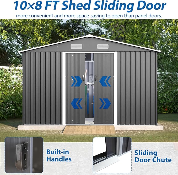 8×10 Ft Metal Outdoor Storage Shed with Floor Base and Sliding Door, 0.25mm Galvanized Steel Metal Garden Tool Shed Waterproof Backyard, Patio, Garden, Dark Grey