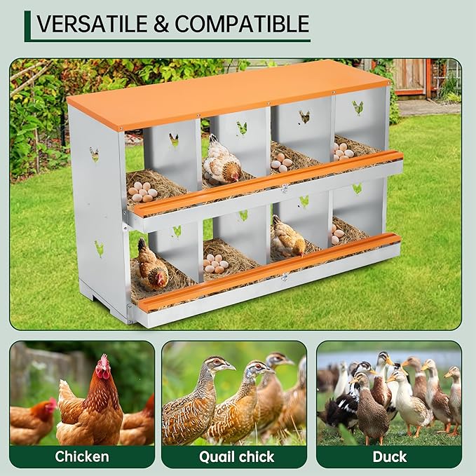 Chicken Nesting Boxes, 8 Hole Roll Away Chicken Egg Laying Box with Lid, Metal Nesting Boxes for Chickens with Swing Perch and Roll Away Egg Collection for Chicken Coop, Double Layer 8 Compartments