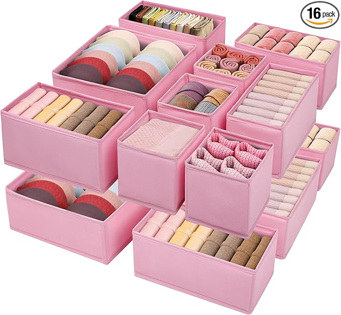 Drawer Clothing Organizer 16-Pack, Pink 3 Sizes Underwear Drawer Dividers, Fabric Folding Wardrobe Organizer for Baby Clothes, Bras, Underwear, Underpants, Belts, Socks, Ties, etc.