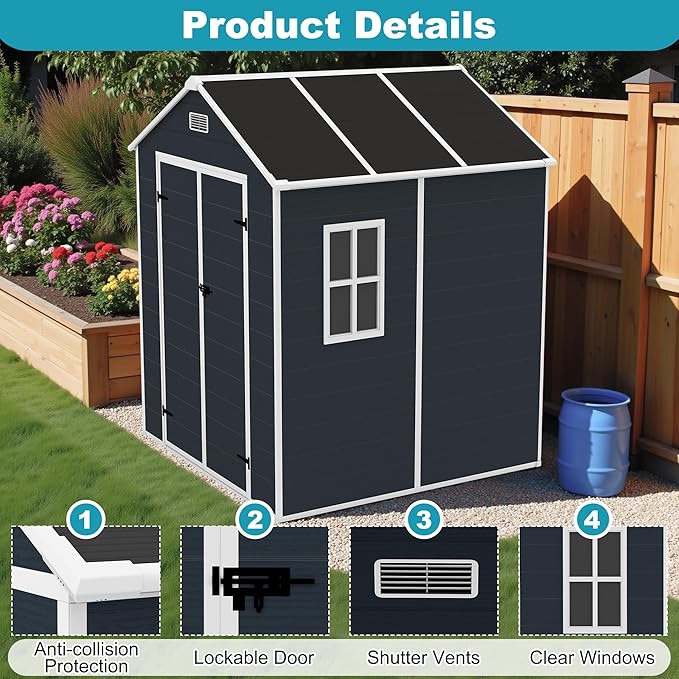 6x6 FT Plastic Outdoor Storage Shed, Resin Plastic Tool Shed with Lockable Doors & Peaked Roof, Garden Shed with Side Window & Floor, for Backyard Garden Patio Lawn, Dark Gray