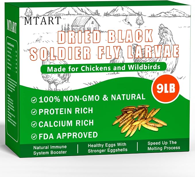9LB Dried Black Soldier Fly Larvae Treat for Chicken, 100% Natural Non-GMO More Calcium Than Dried Mealworms High Protein Chicken Feed for Birds, Ducks, Layer Hens