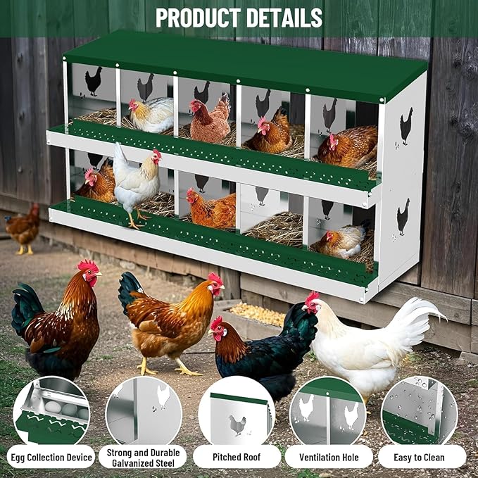 Chicken Nesting Box, Heavy-Duty Metal Chickens Laying Boxes with 10 Compartments, Large Vented Holes Hens Laying Box, Chicken Coop with Rollout Egg Collection, Wall Mount - Green