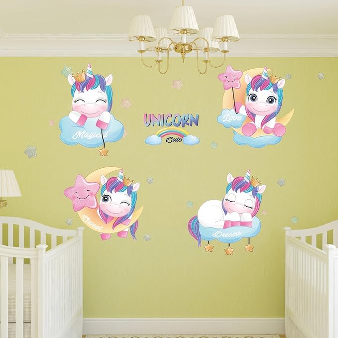 Unicorns Wall Decals - Colourful Peel and Stick Cute Unicorn Wall Stickers, Decor for Baby Nursery, Toddler & Kids Bedroom Walls