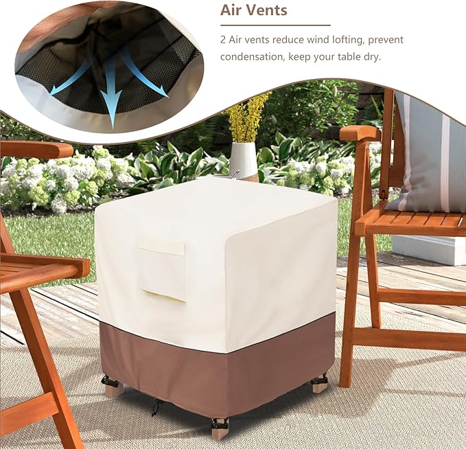okcool Patio Wicker Side Table Cover,Waterproof Square Patio Small Side Table Cover,Suitable for 3-Piece Outdoor Wicker Patio Bistro Set Side Table,22W x 22D x 18H inch,Beige & Brown