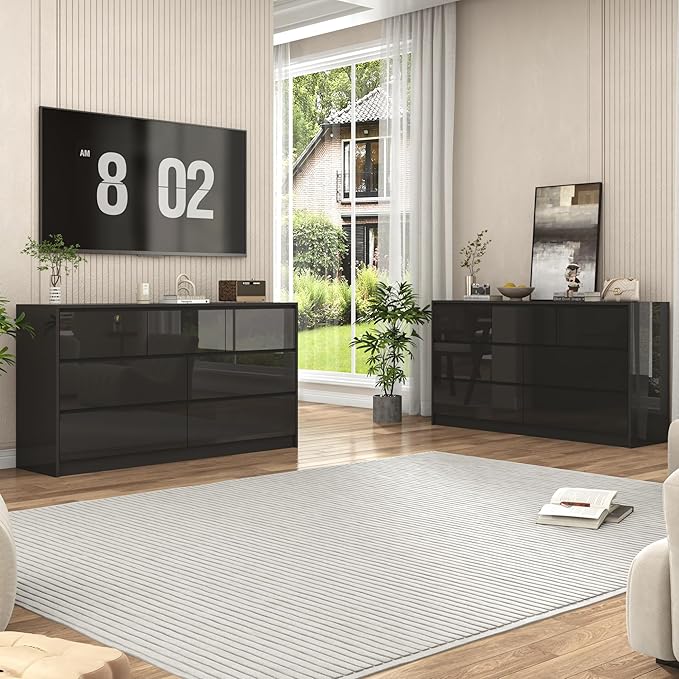 Black Malm Dresser for Bedroom, 55 Inch Long High Gloss Dresser with 7 Drawers, Modern Large Wood Chest of Drawer Handle Free, Living Room, Entryway, Hallway, Black