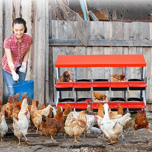 Garvee Chicken Nesting Boxes, 10 Hole Metal Chicken Laying Box with Removable Trays and Roll Out Egg Collection for Chicken Coop, with Metal Legs, Red