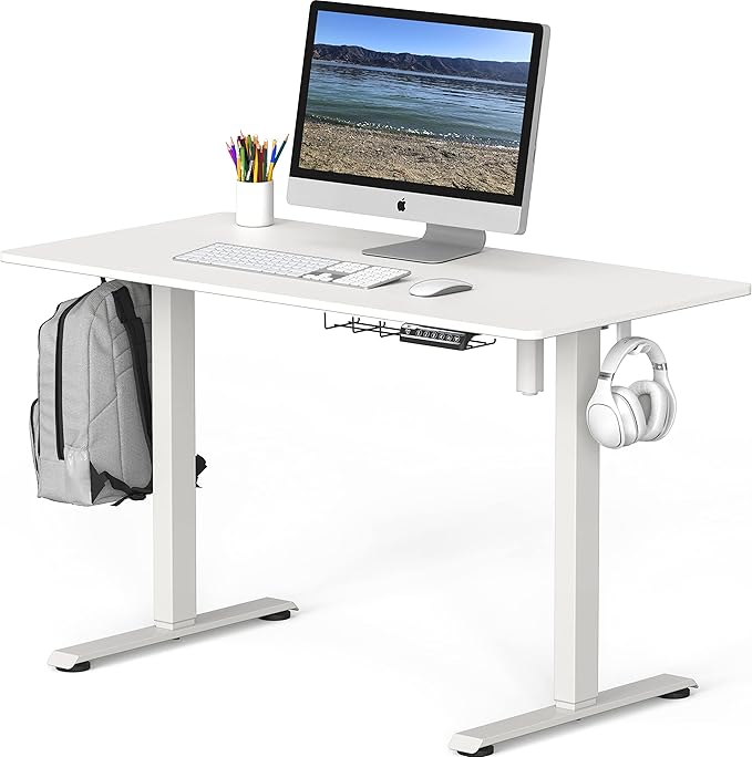 SHW 48-Inch Electric Height Adjustable Sit to Stand Desk with Hanging Hooks and Cable Management, White Frame and White Top