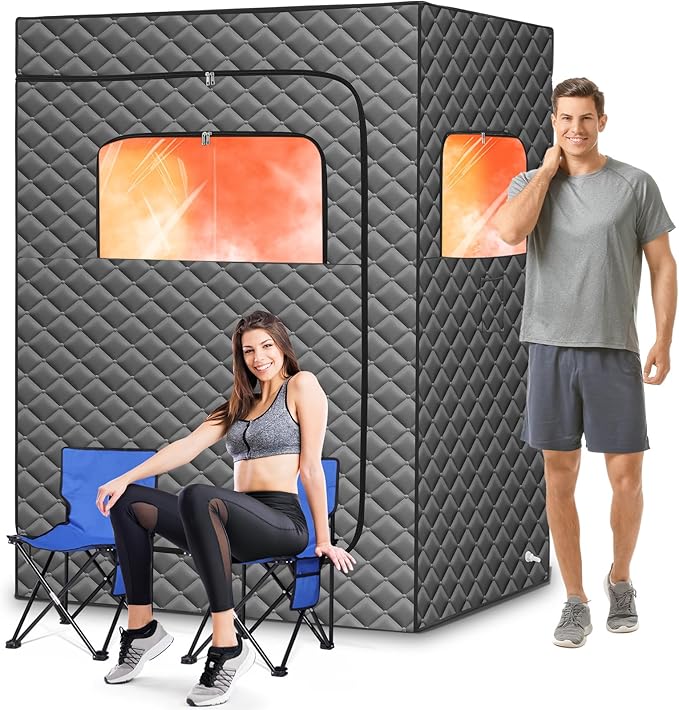 Upgraded 2 Person Portable Sauna, Portable Steam Sauna for Home, Personal Sauna Box Full Body with 1000W 2.6L Steam Generator, 99 Minute Timer, 2 Folding Chairs, Remote Control Included(Grey)